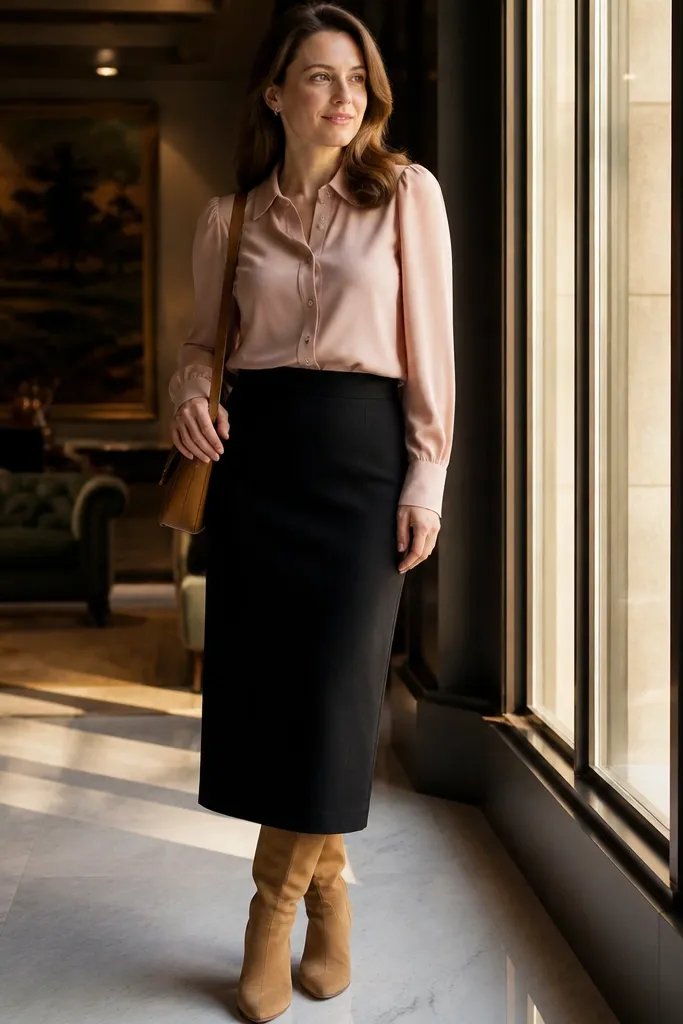 Nude pink blouse with black midi skirt and camel knee-high boots