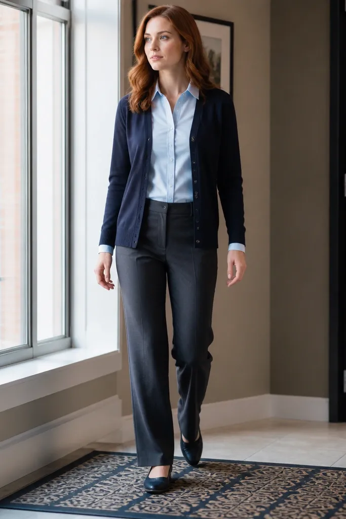 Light blue button-up under navy cardigan with straight-leg trousers and loafers