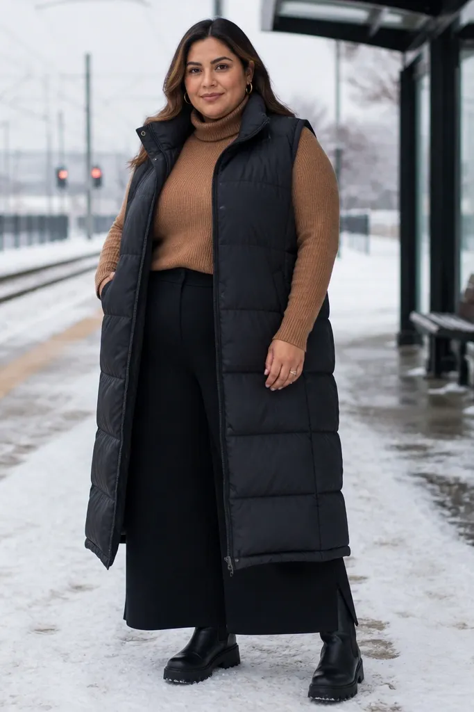 Camel turtleneck with black culottes and a long puffer vest