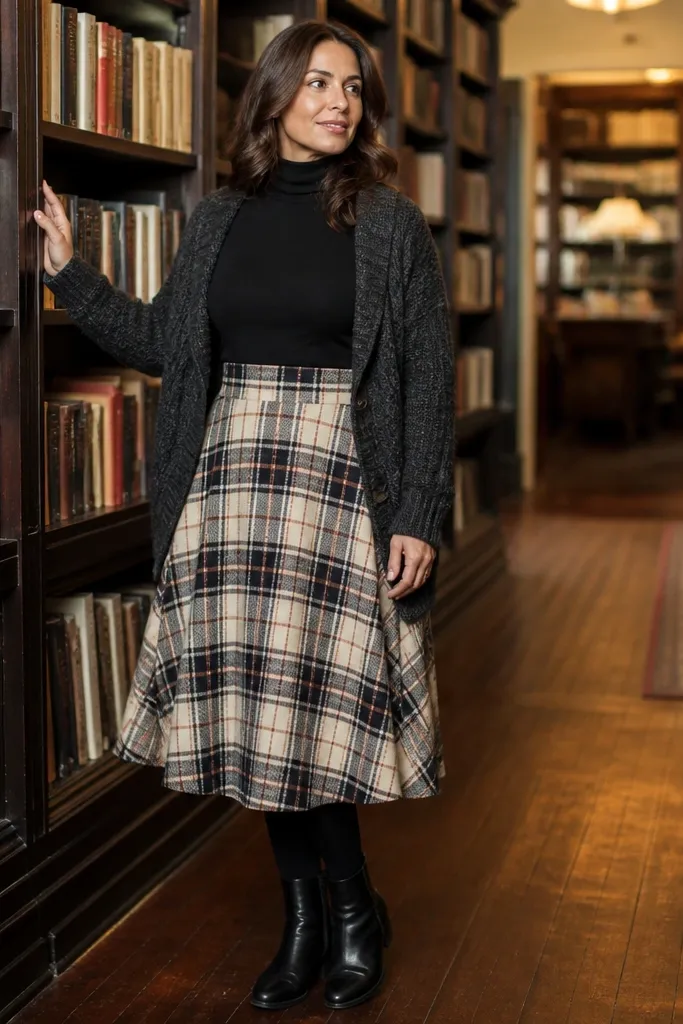 Plaid A-line skirt with black turtleneck and chunky cardigan
