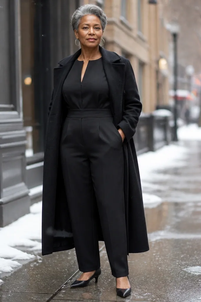 Black jumpsuit with long wool coat and pointed-toe flats