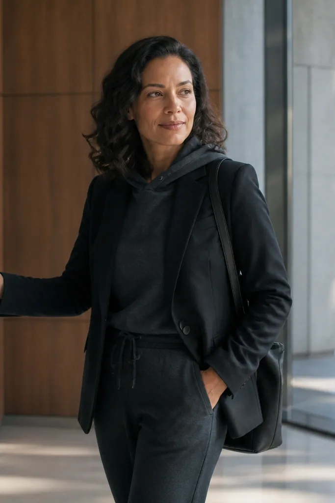 Charcoal hoodie under a blazer with tailored joggers and sleek sneakers or boots