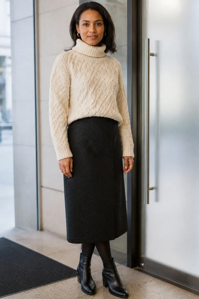 Ivory chunky turtleneck with black midi skirt and textured tights