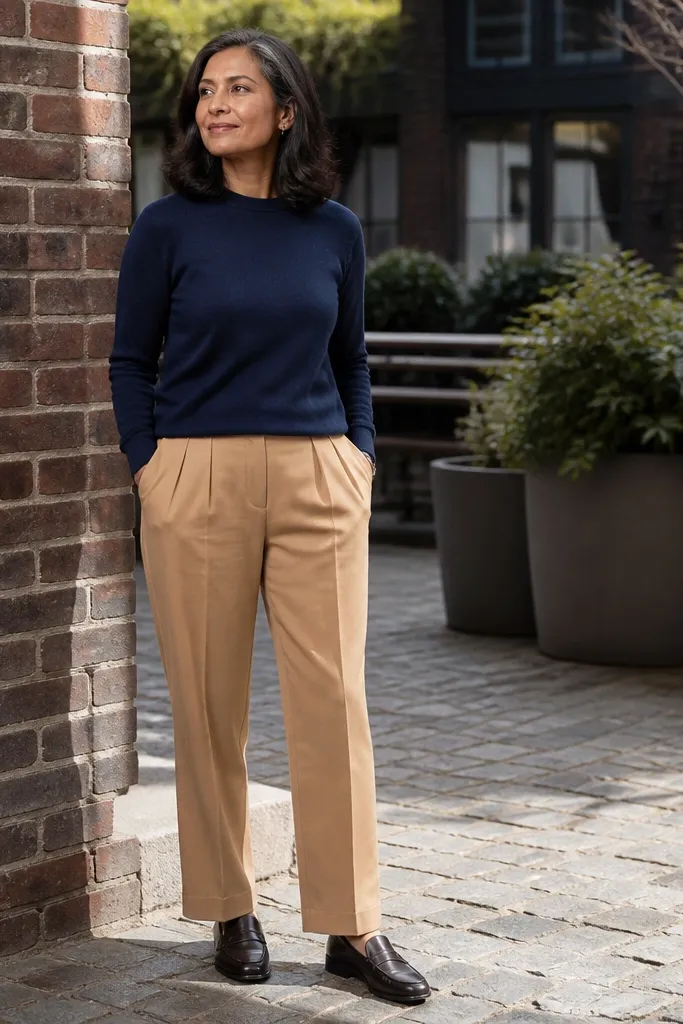 Deep navy sweater with camel pleated trousers and dark loafers