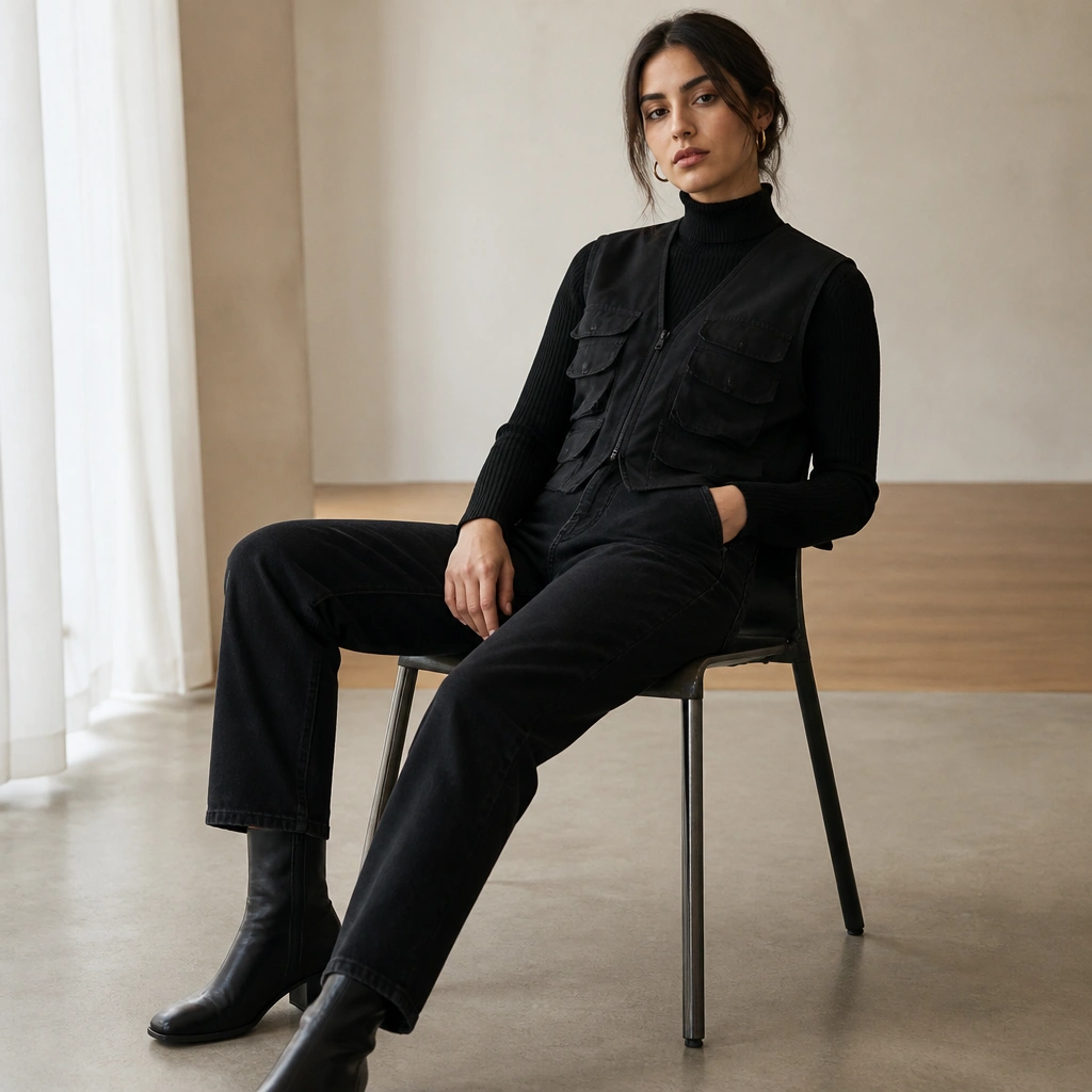 Close-to-mid shot showing a black storage vest over a ribbed black turtleneck, with rinsed black straight-leg jeans and black leather ankle boots; minimal gold hoops.