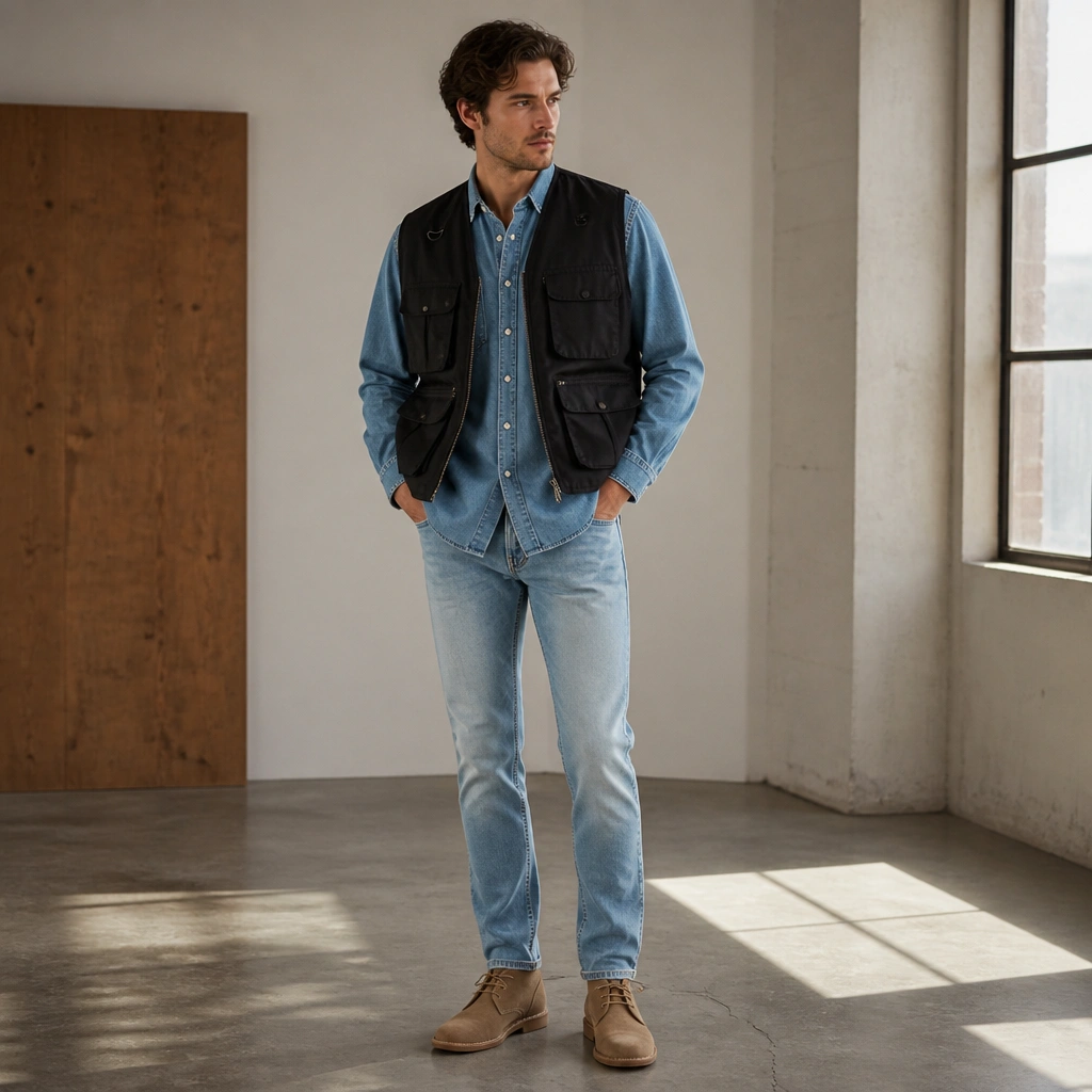 Outfit photo: black vest with storage pockets layered over a light blue chambray button-down, paired with light wash straight jeans and tan desert boots.