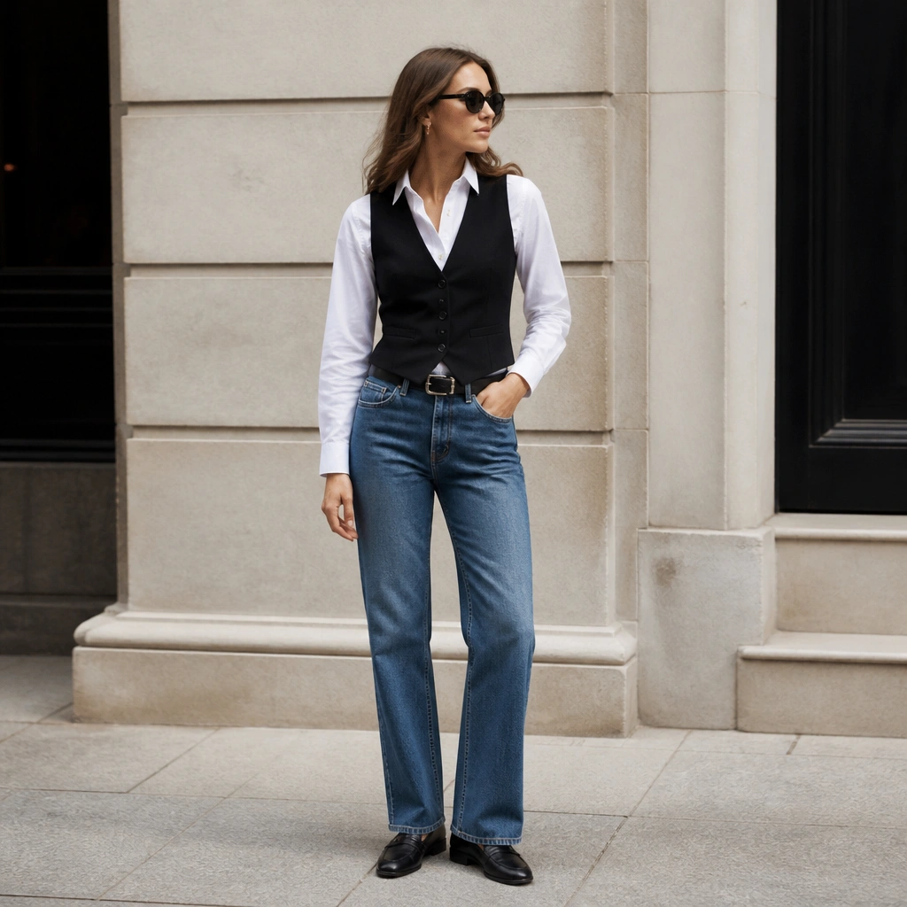 Model stands outdoors wearing a crisp white button-up under a structured black vest, medium wash jeans, and black loafers; sunglasses and a slim belt.