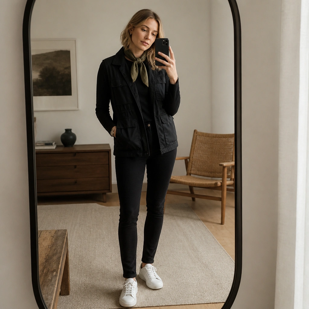 A styled mirror shot: black storage vest over a black long-sleeve top, black skinny jeans, an olive-green scarf tied at the neck, and white low-top sneakers.