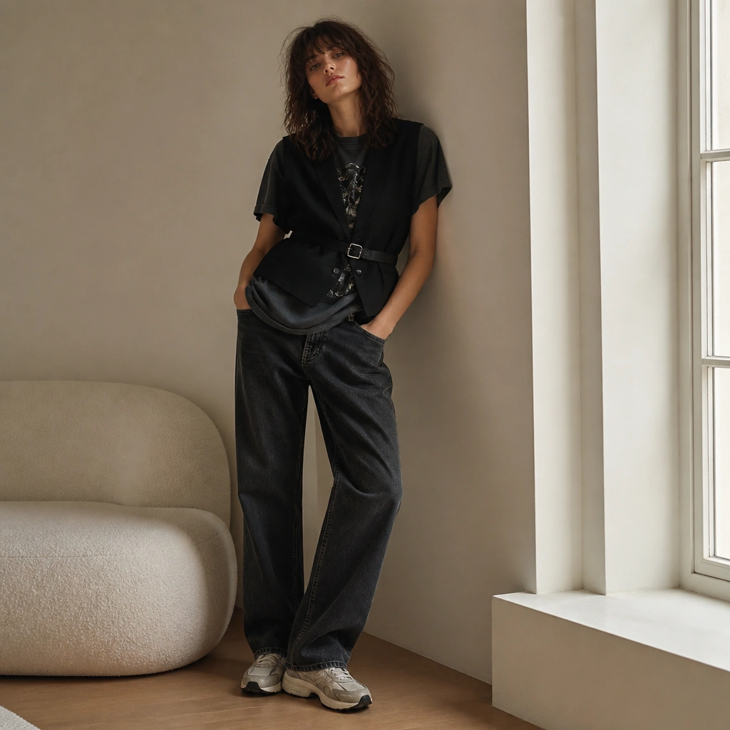 Model wears a black vest with a belt detail around the waist, a black graphic tee, dark wash jeans, and chunky sneakers; the pockets are visible.