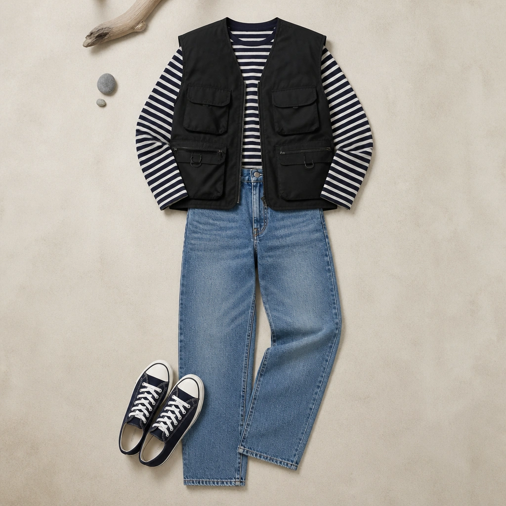 Outfit laid flat: black storage vest over a navy-and-white striped long-sleeve, light-to-medium blue straight jeans, and navy canvas sneakers.