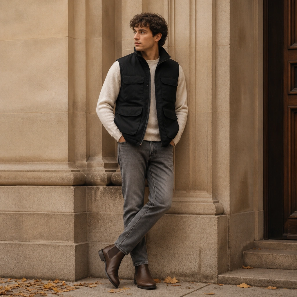 A fall look: black storage vest layered over a thin knit crew sweater (cream), grey melange jeans, and brown Chelsea boots.