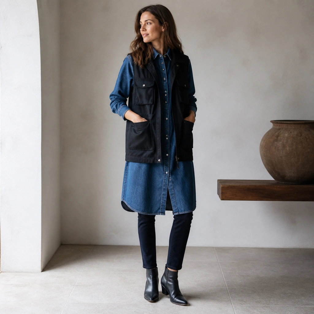 Layered styling: black storage vest over a denim shirt dress, slim dark jeans underneath/paired, and sleek black ankle boots; hands in vest pocket.