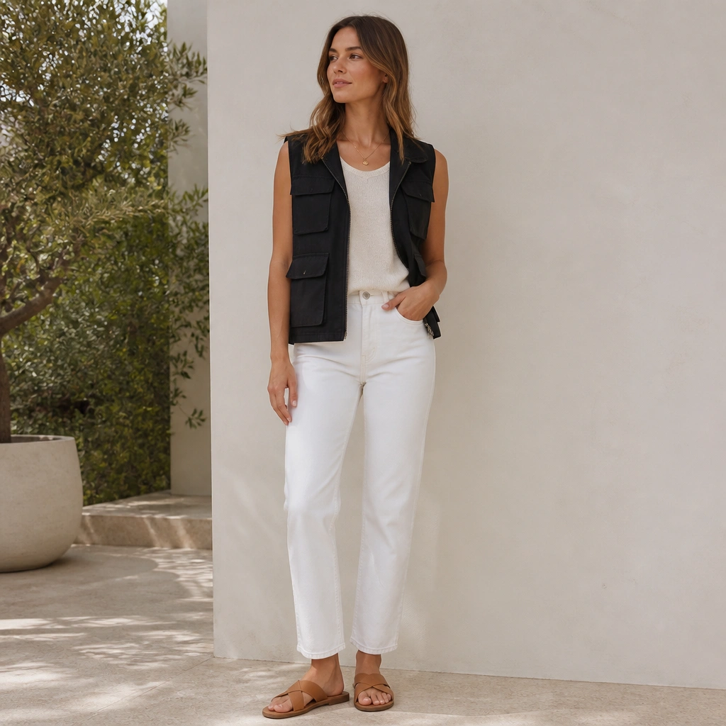 Bright summer outfit: black storage vest over a cream sleeveless linen tee, white straight-leg jeans, and tan sandals; small gold necklace.