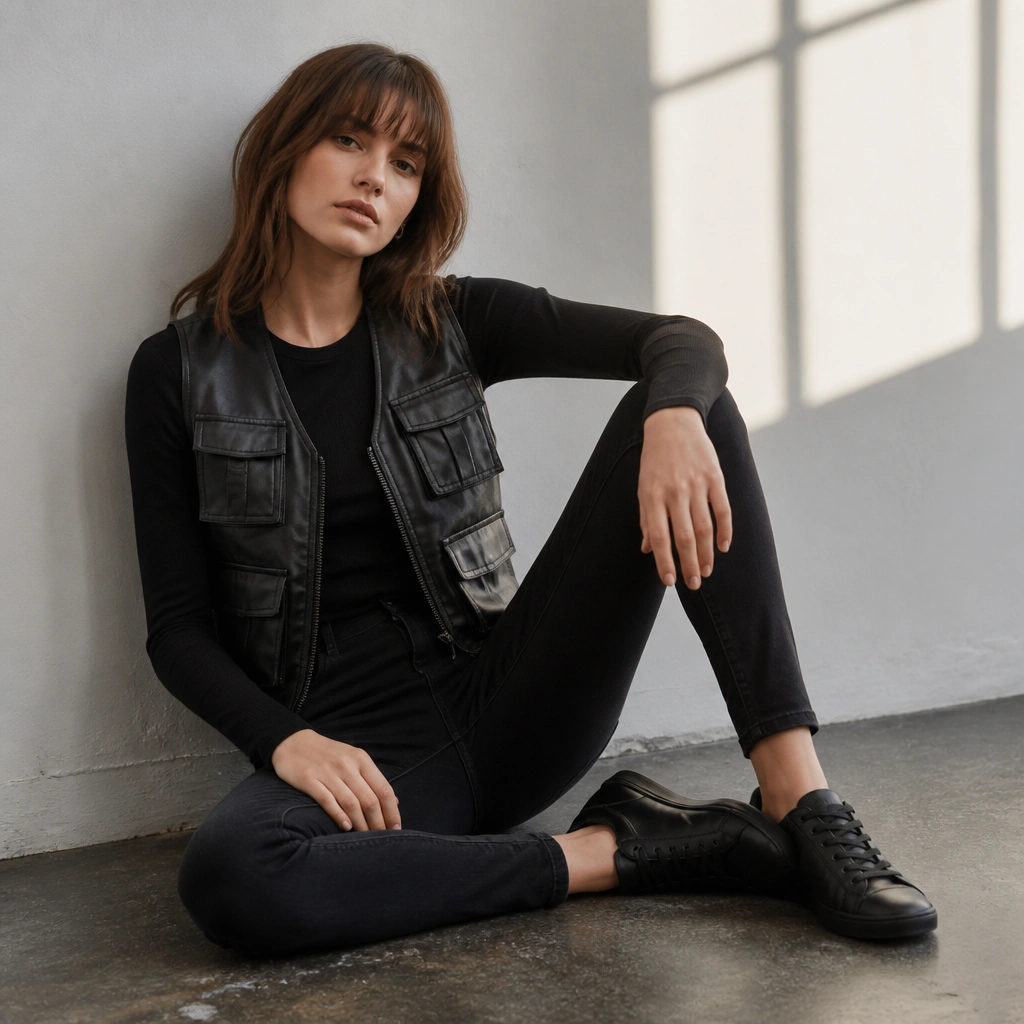 Model wears a black storage vest with faux-leather texture, black long-sleeve top, black mid-rise skinny jeans, and black leather sneakers.