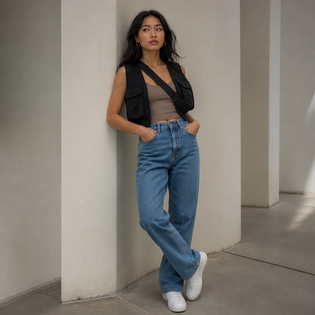 Style-forward photo: cropped black storage vest over a fitted ribbed tank, high-waist blue jeans, and white sneakers; crossbody strap across the torso.