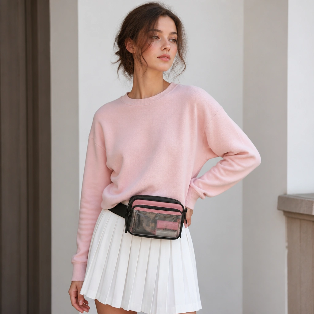 A pink crewneck sweater layered over a white pleated skirt, with a small black-and-pink zip belt bag worn at the waist; the bag has a clear front pocket panel.