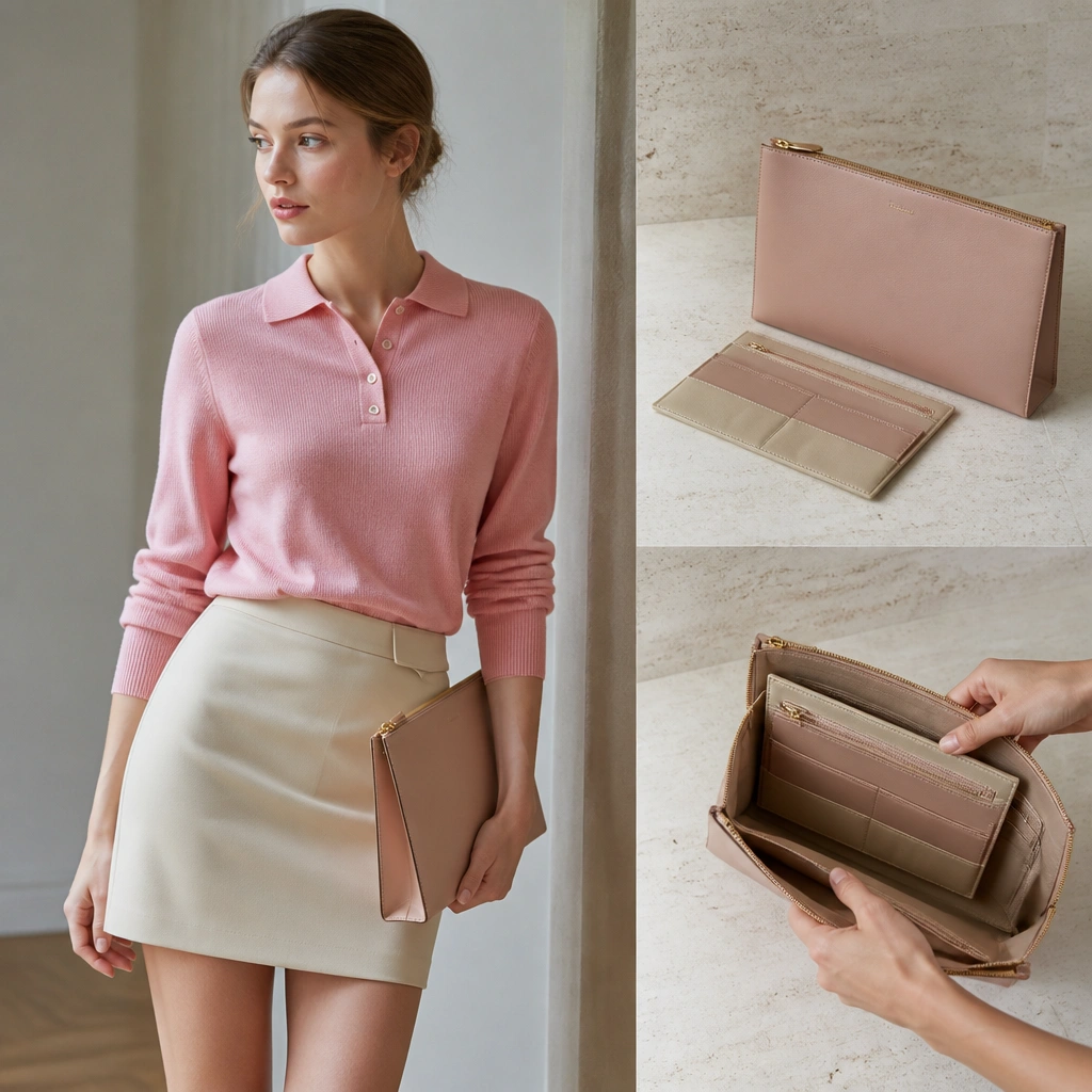 A pink polo-style sweater with a collar tucked into a structured mini skirt; a clutch sits on the hip with a visible detachable inner organizer panel.