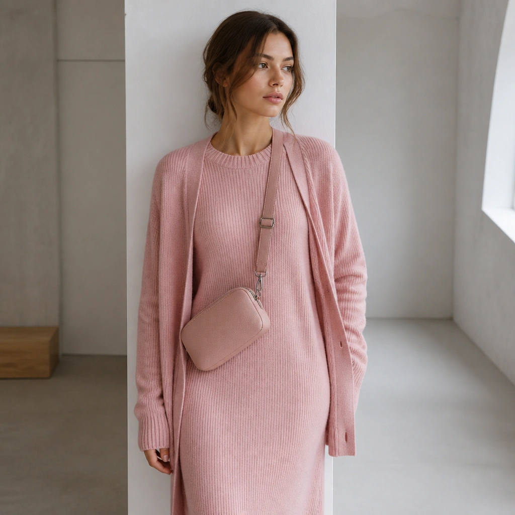 A soft pink cardigan layered over a matching pink sweater dress; a zip crossbody bag is worn across the chest with the strap aligned vertically.