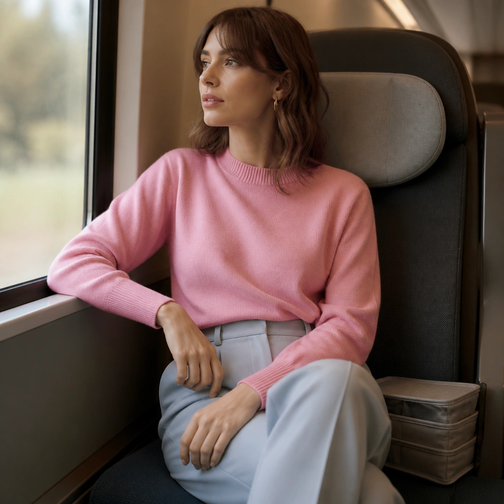 A pink crewneck sweater tucked into tailored light-wash trousers; a foldable fabric organizer is tucked near the seat edge in the background, suggesting travel storage.