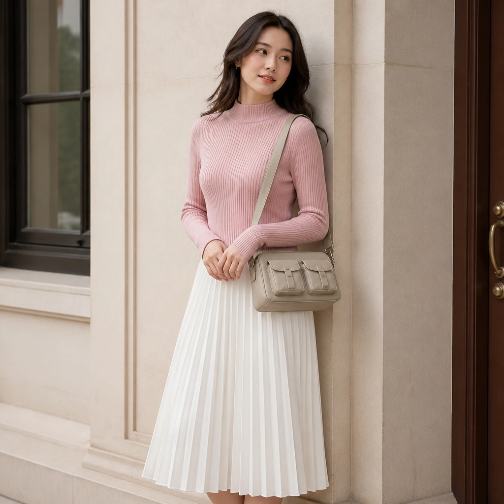 A pink mock-neck sweater with a fitted silhouette over a white pleated midi skirt; the crossbody bag has multiple front pockets and a structured base.