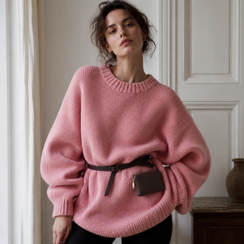 An oversized pink sweater worn with a belt to define the waist; a small zip pouch is attached at the belt line, visible at hip level.