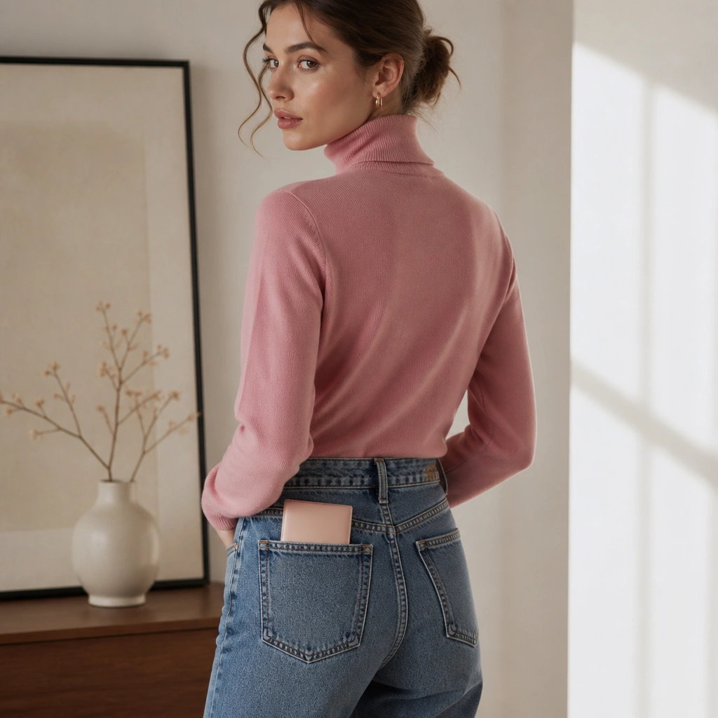 A pink turtleneck sweater tucked into straight-leg high-waist jeans; a slim organizer wallet is shown peeking from a back pocket area.