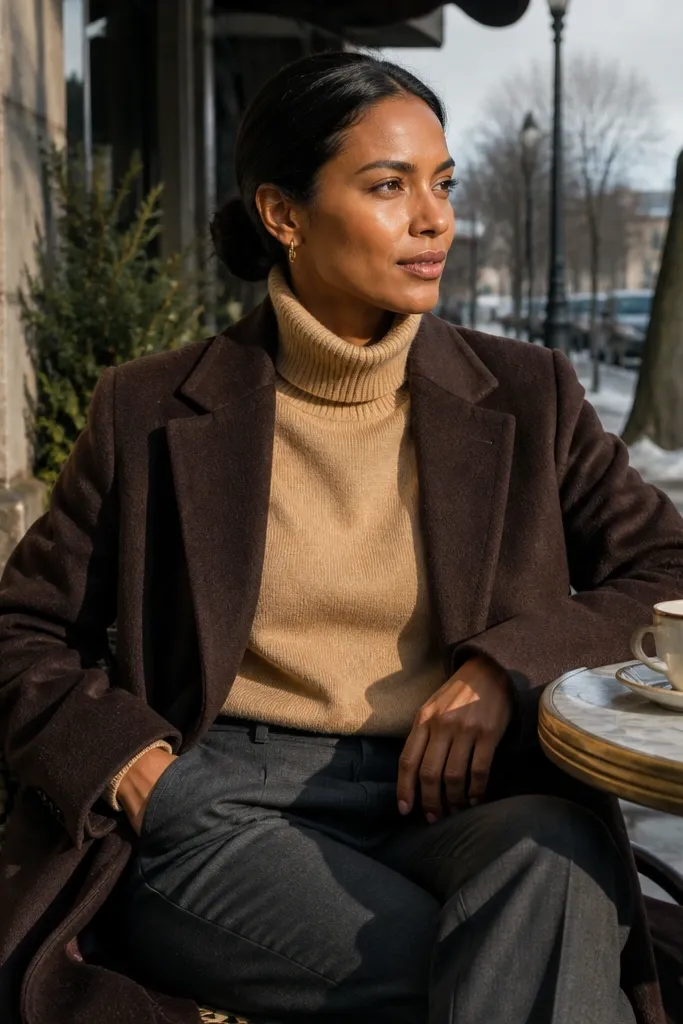 Camel turtleneck with charcoal straight trousers and a chocolate long coat