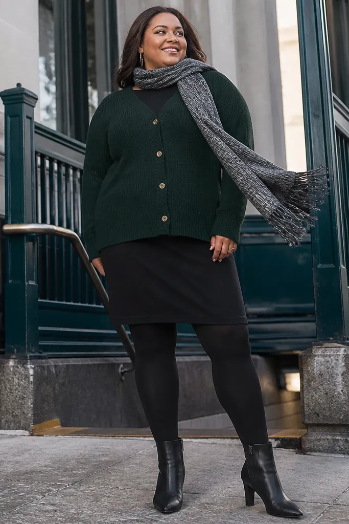 Forest green cardigan over a black midi skirt with matte tights and heeled booties