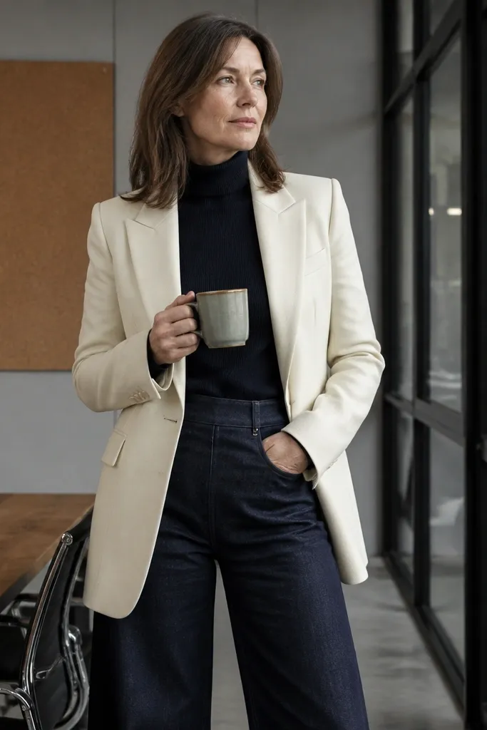 Ivory blazer over a navy turtleneck with dark denim wide-leg pants and brown boots