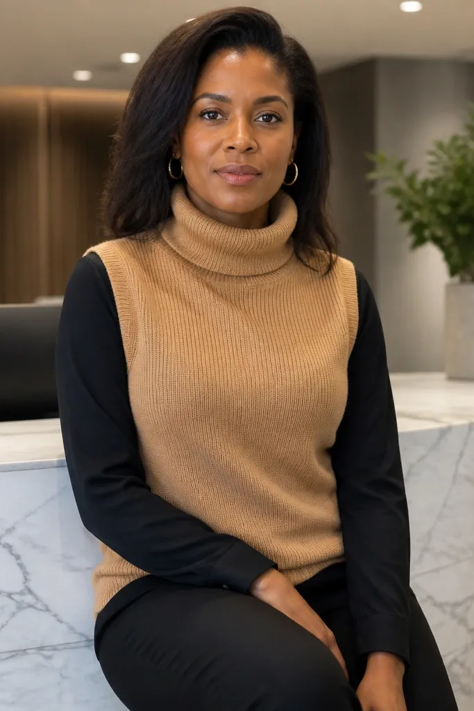 Black wrap-style blouse under a camel turtleneck vest with straight trousers