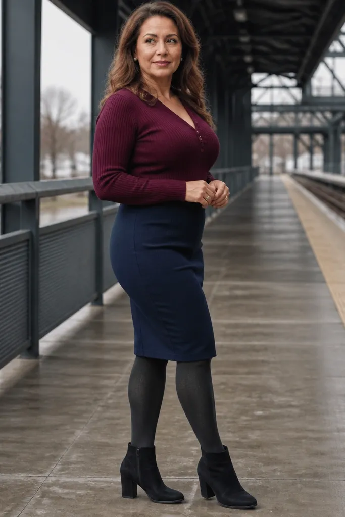 Burgundy knit top with a navy pencil skirt, wool tights, and ankle boots