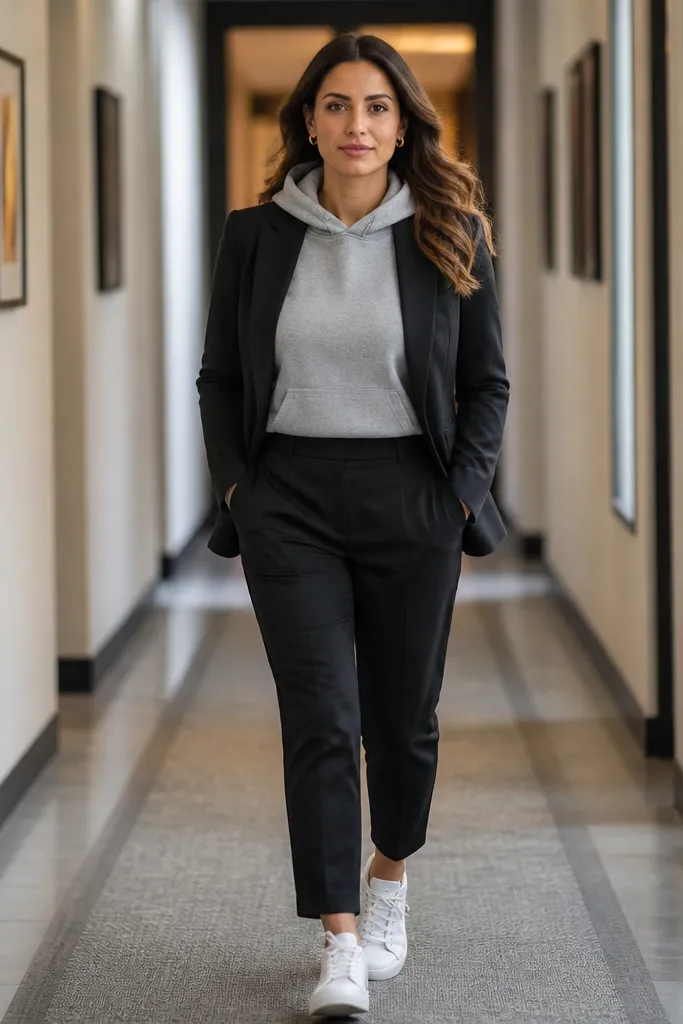 Heather gray hoodie under a blazer with black trousers and white sneakers