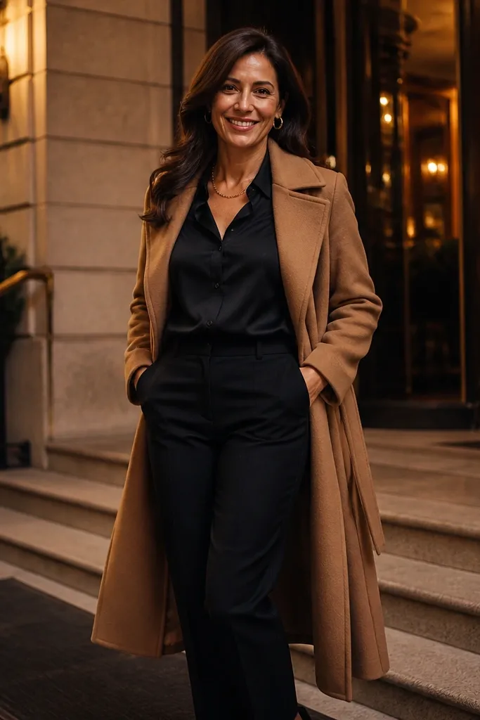Camel wrap coat over a black satin blouse with black straight trousers