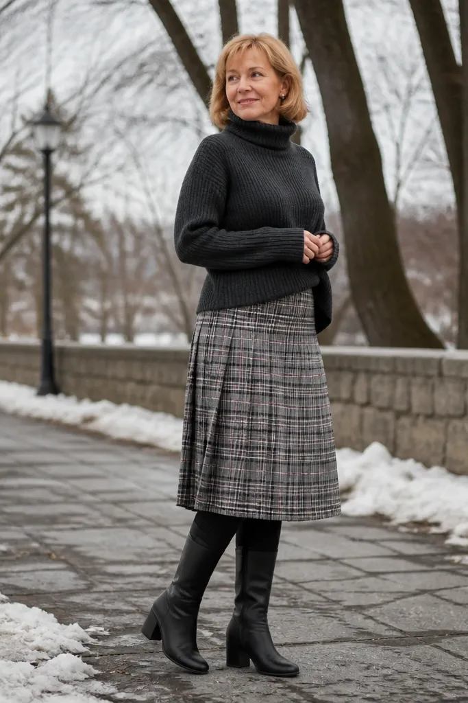 Charcoal turtleneck with a plaid midi skirt, ribbed tights, and knee-high boots