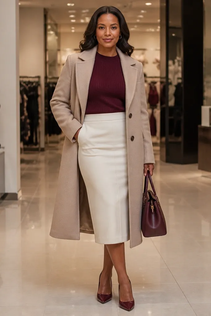 Oxblood sweater with a cream pencil skirt and a wool-blend coat