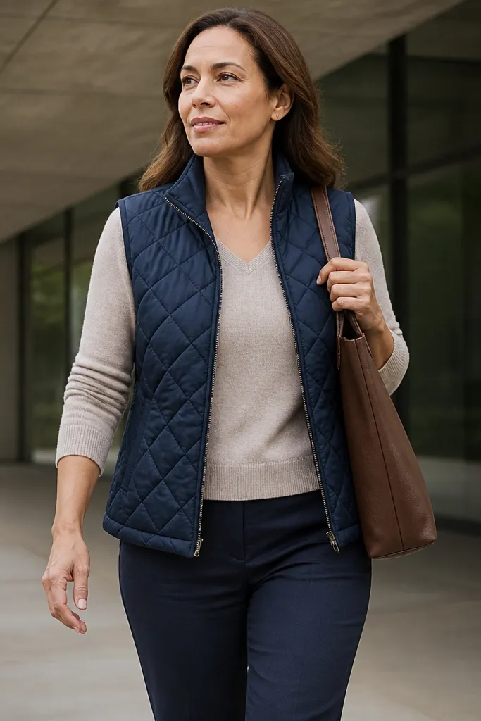 Navy quilted vest over a knit blouse with straight trousers and loafers