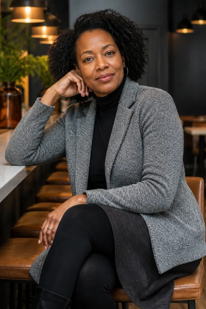 Gray knit blazer over a black turtleneck with leggings under a midi skirt