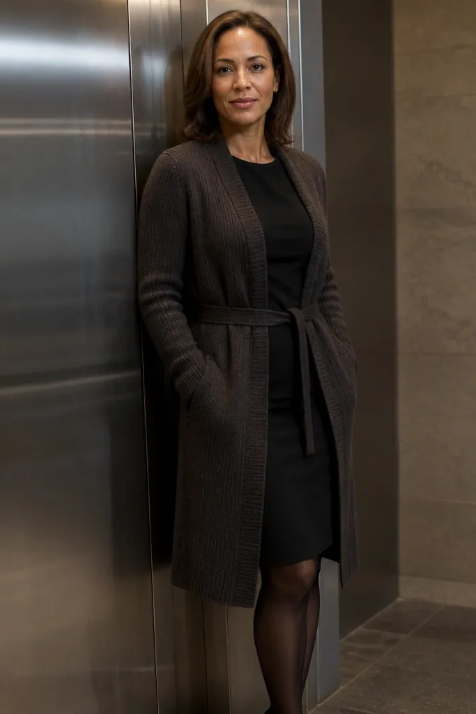Black sheath dress with a long cardigan belted at the waist and tights