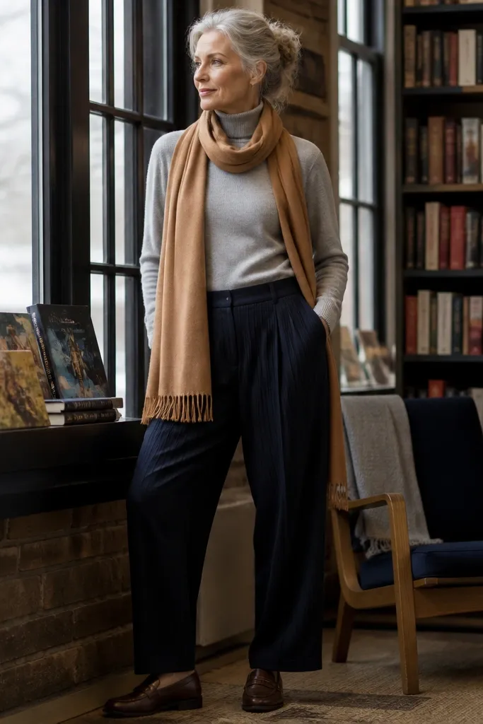 Light gray turtleneck with navy pleated trousers, camel scarf, and loafers
