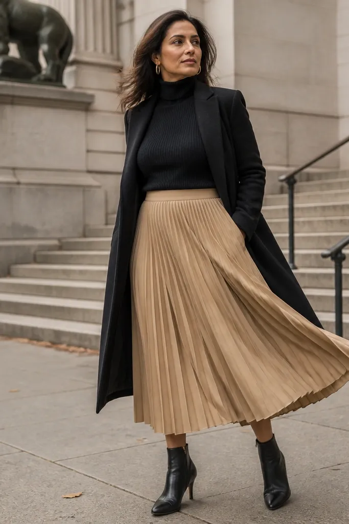 Ribbed black turtleneck with camel pleated midi skirt and a black coat