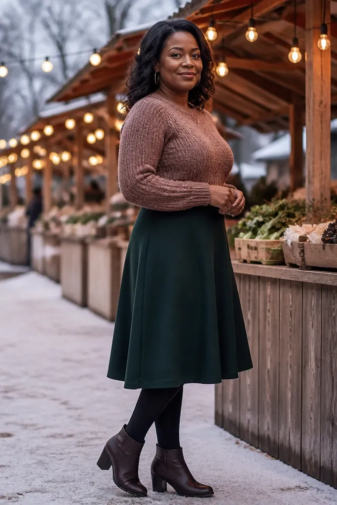 Rose-brown sweater with a dark green A-line skirt, tights, and mid-heel boots