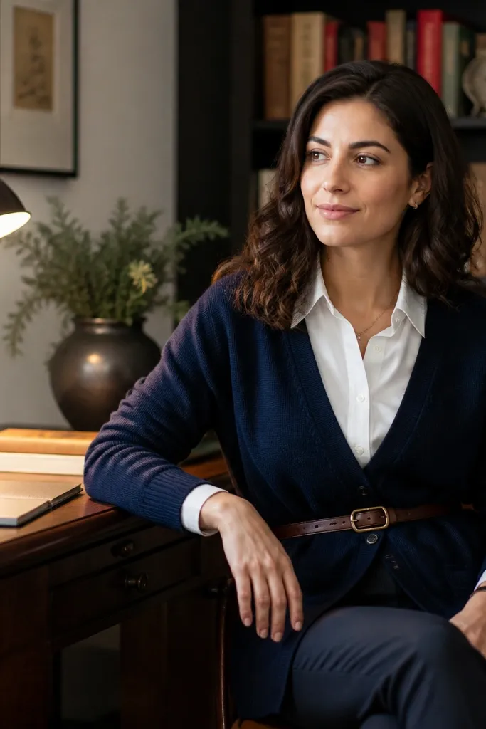 Navy cardigan belted over a white blouse with tapered trousers and loafers