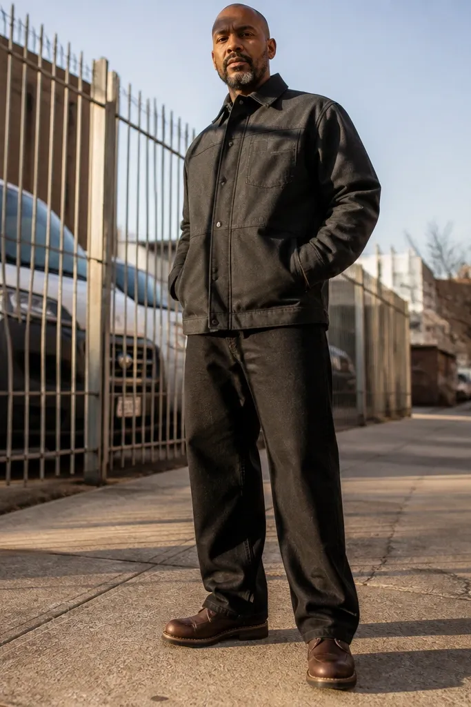 Charcoal chore jacket with black baggy jeans and black boots