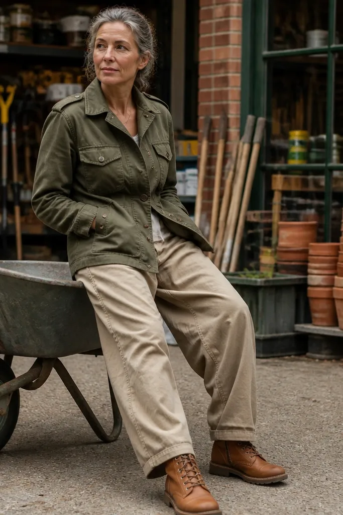 Olive field jacket over sand baggy trousers with tan boots