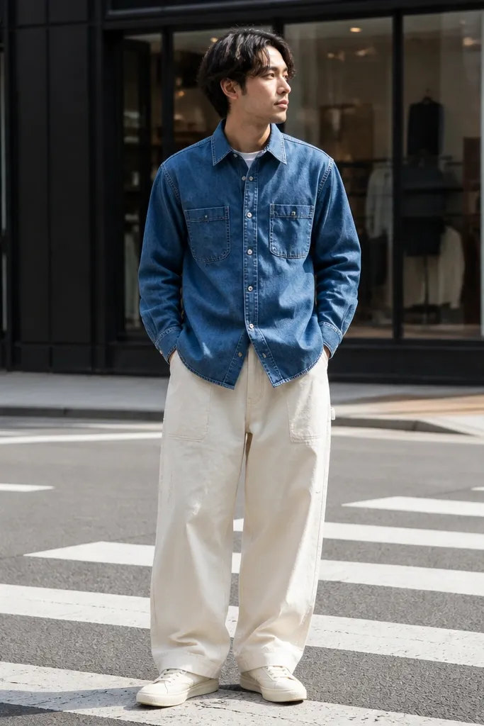 Blue denim overshirt with off-white wide-leg pants and brown shoes