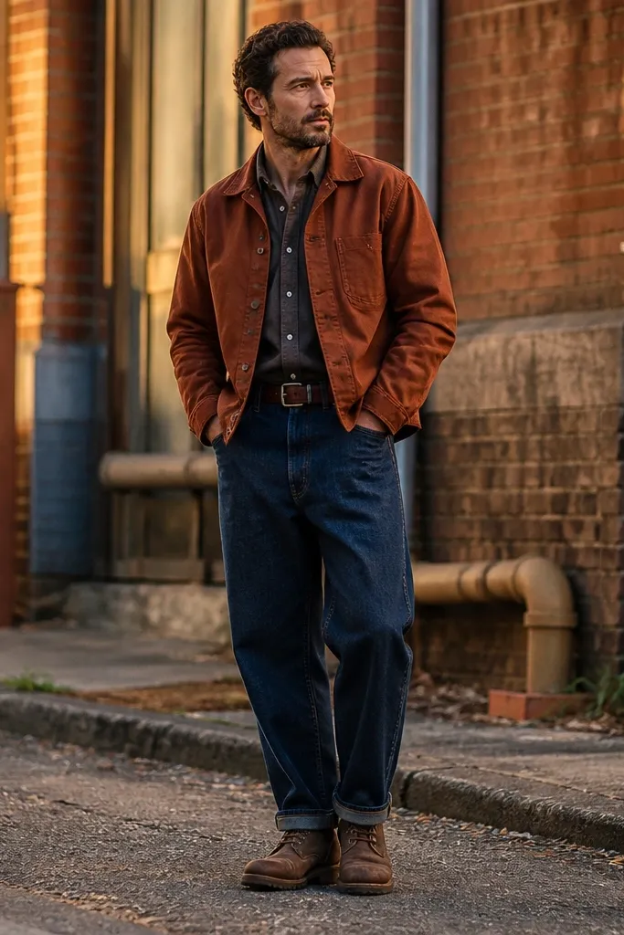 Rust chore jacket with indigo barrel jeans and dark brown boots