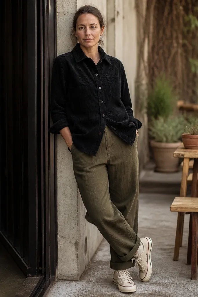 Black corduroy overshirt with olive baggy chinos and black sneakers