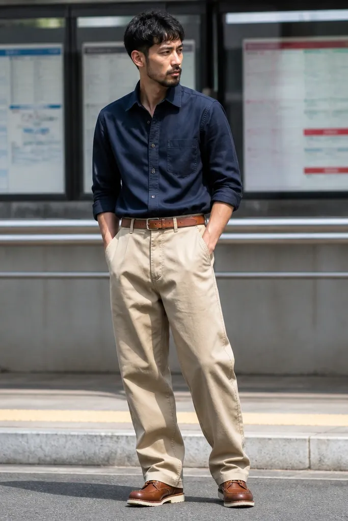 Navy work shirt with khaki baggy denim and tan belt