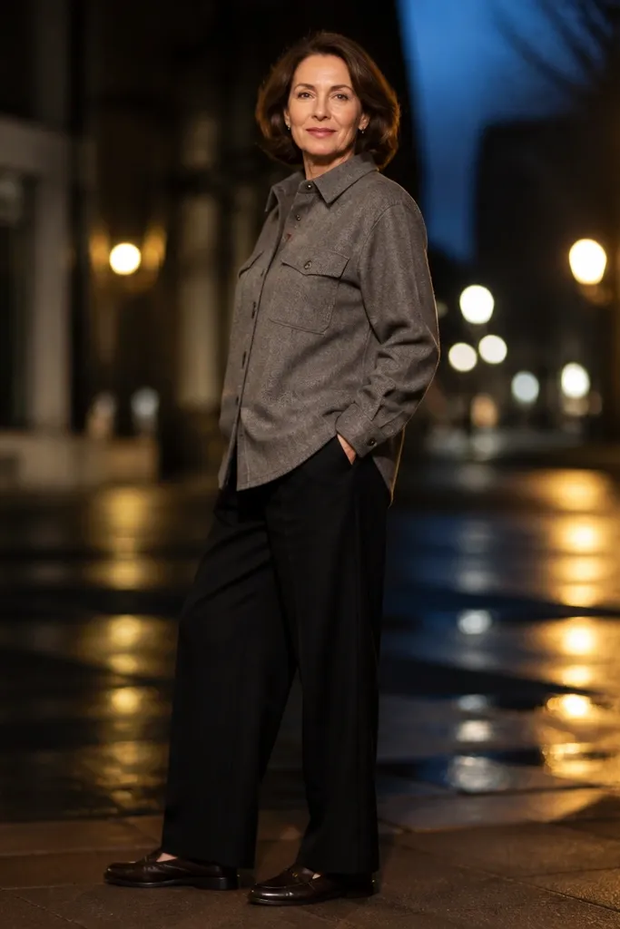 Grey overshirt with black wide-leg trousers and leather loafers