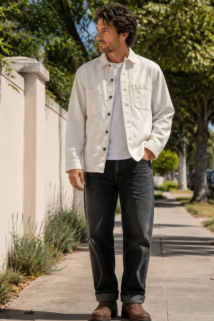 White canvas overshirt with washed black baggy jeans and white sneakers